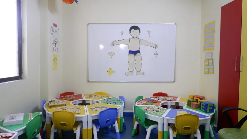 Kindergarten classroom with a body-parts lesson on the whiteboard and group tables